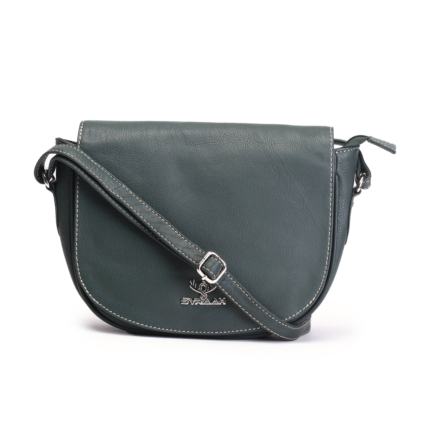 Syraah Bottle Green Full-Grain Leather Saddle Crossbody Bag