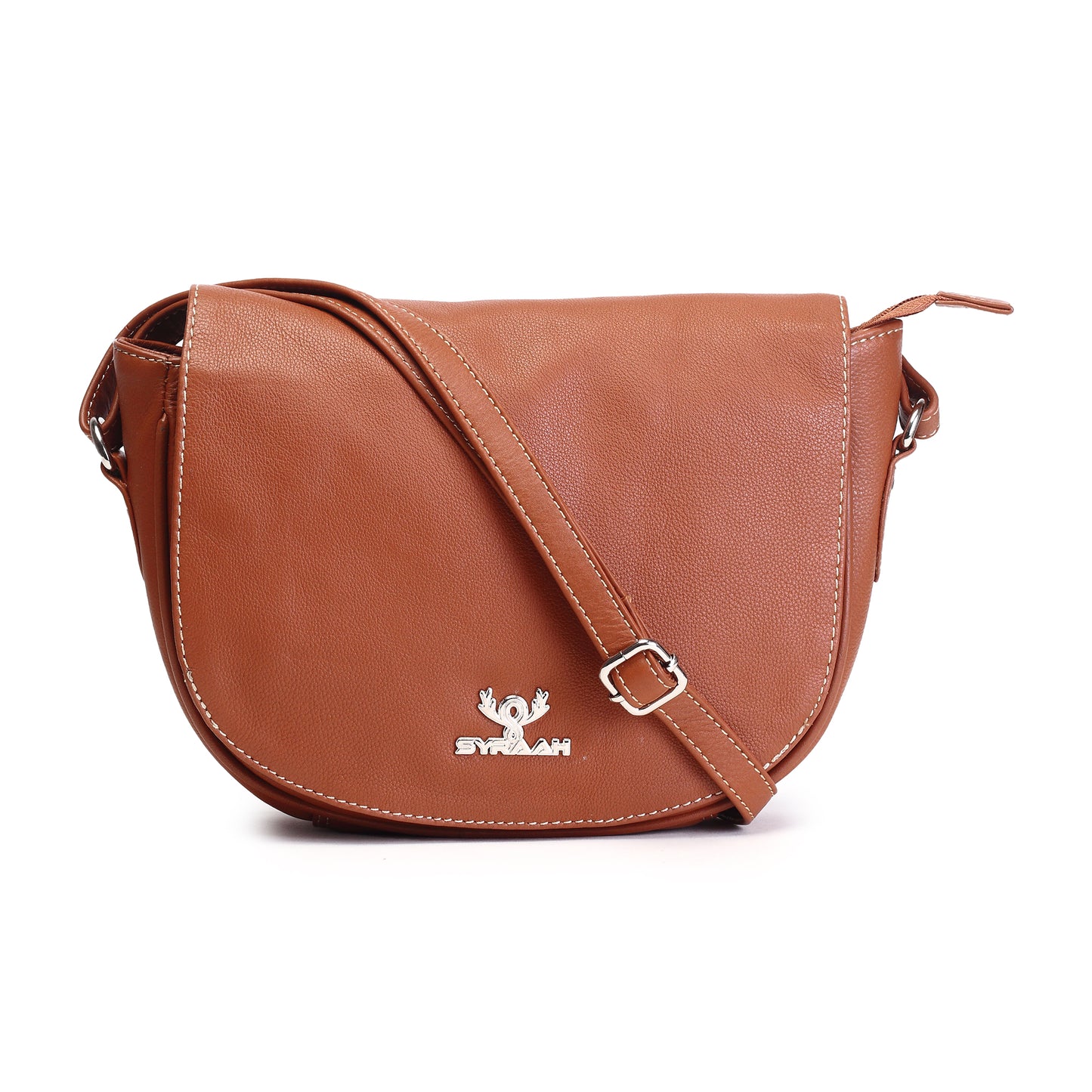 Syraah Tan Full-Grain Leather Saddle Crossbody Bag