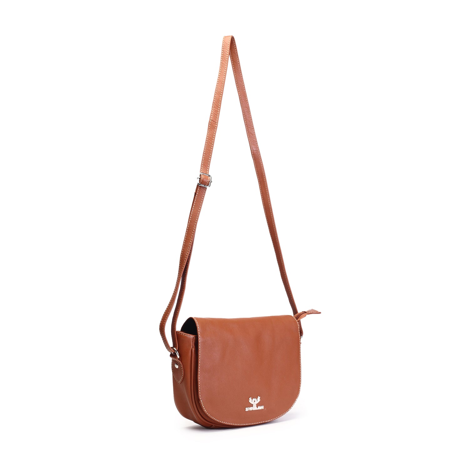 Syraah Tan Full-Grain Leather Saddle Crossbody Bag