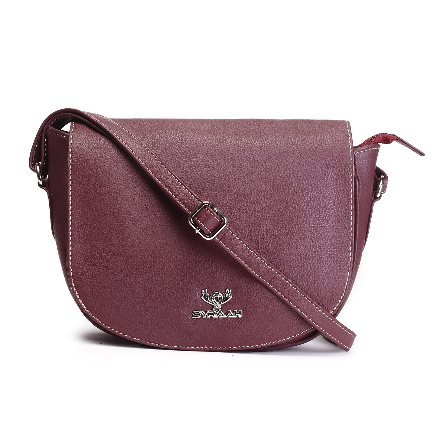 Syraah Maroon Full-Grain Leather Saddle Crossbody Bag