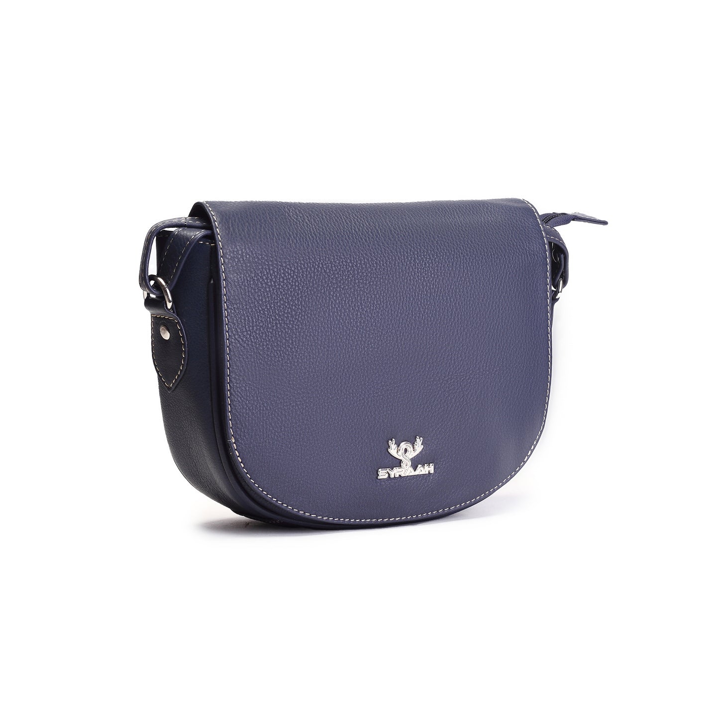 Syraah Navy Blue Full-Grain Leather Saddle Crossbody Bag