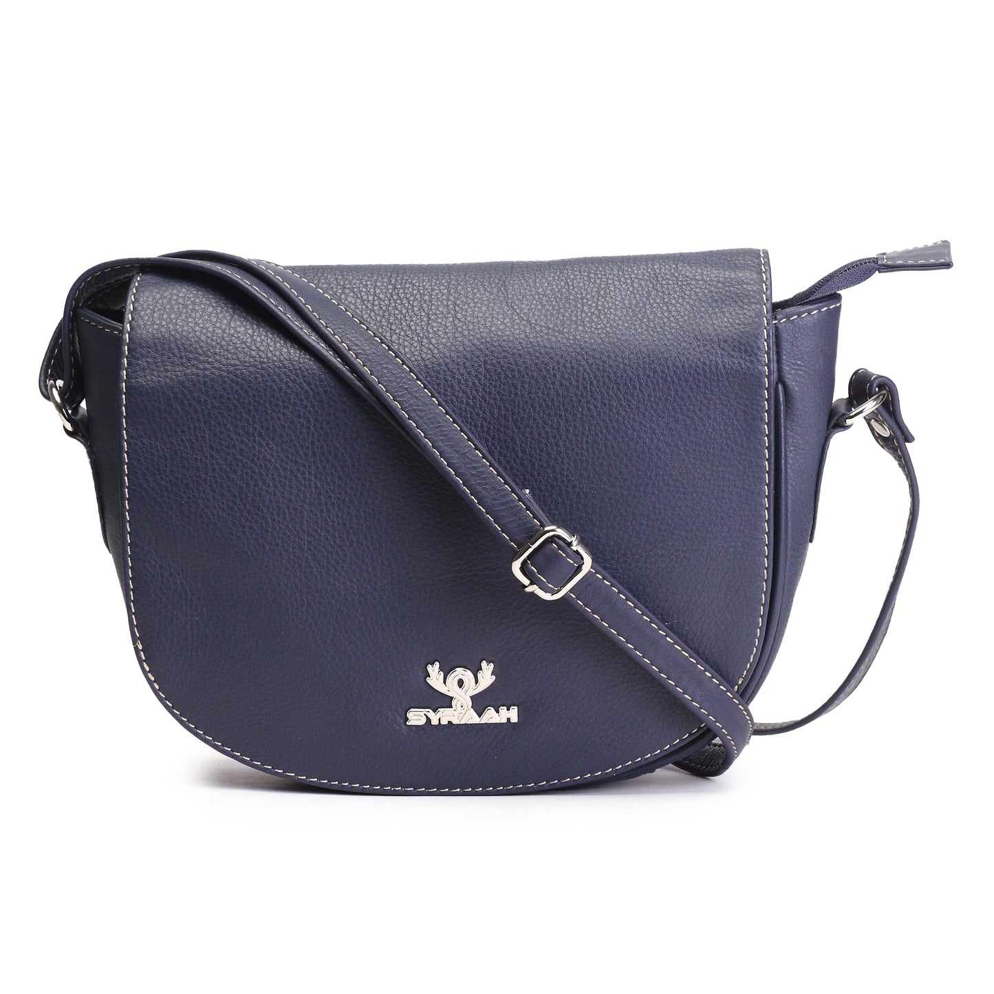 Syraah Navy Blue Full-Grain Leather Saddle Crossbody Bag