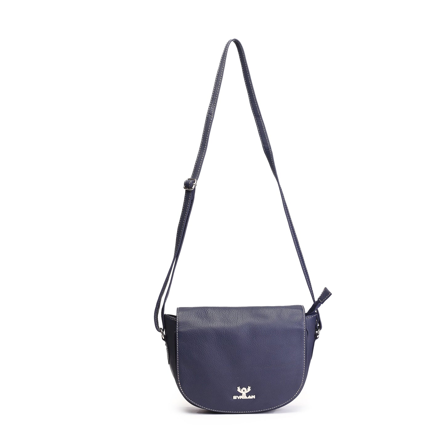 Syraah Navy Blue Full-Grain Leather Saddle Crossbody Bag