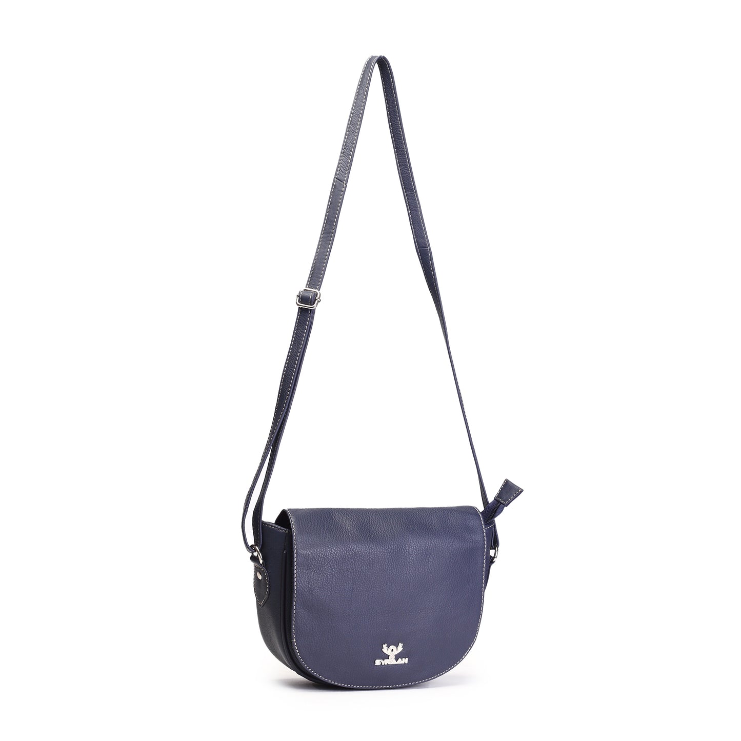 Syraah Navy Blue Full-Grain Leather Saddle Crossbody Bag