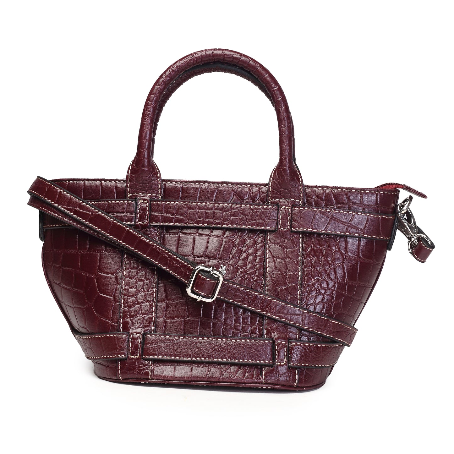 Syraah Maroon Croco-Print Premium Full-Grain Leather Tote Bag