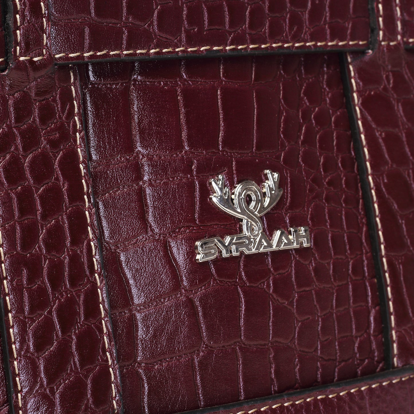 Syraah Maroon Croco-Print Premium Full-Grain Leather Tote Bag