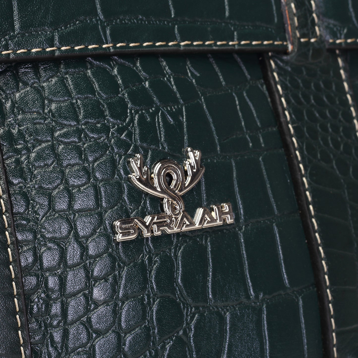 Syraah Green Croco-Print Premium Full-Grain Leather Tote Bag