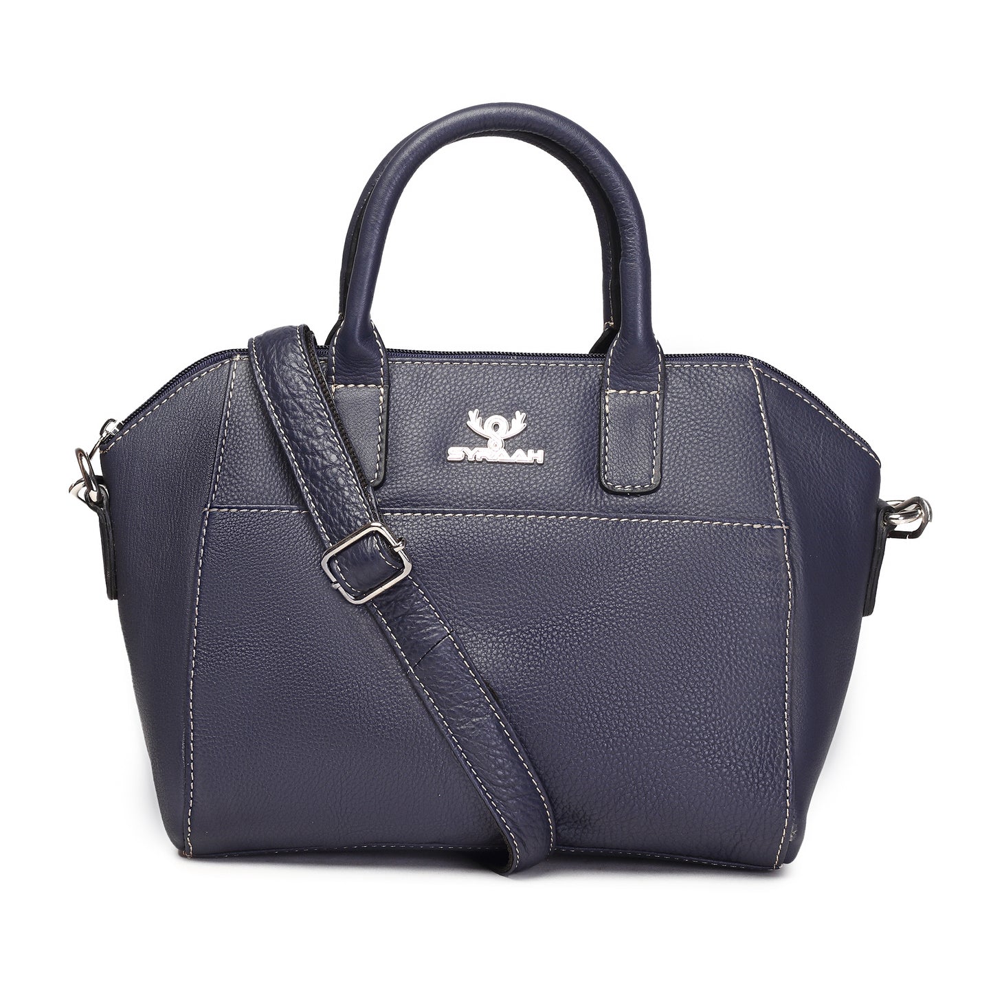 Syraah Navy Blue Full-Grain Leather Mini Satchel Bag