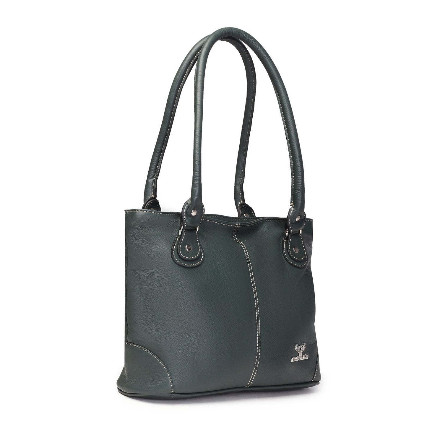 Syraah Bottle Green Full-Grain Leather Shoulder Tote Bag