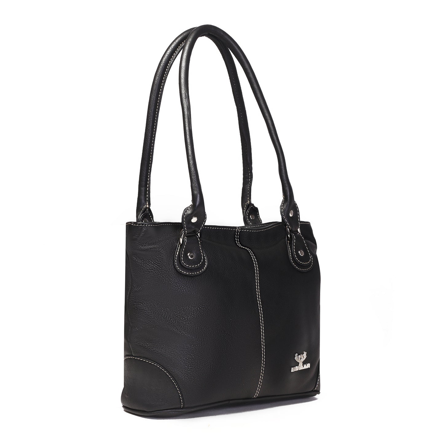 Syraah Black Full-Grain Leather Shoulder Tote Bag