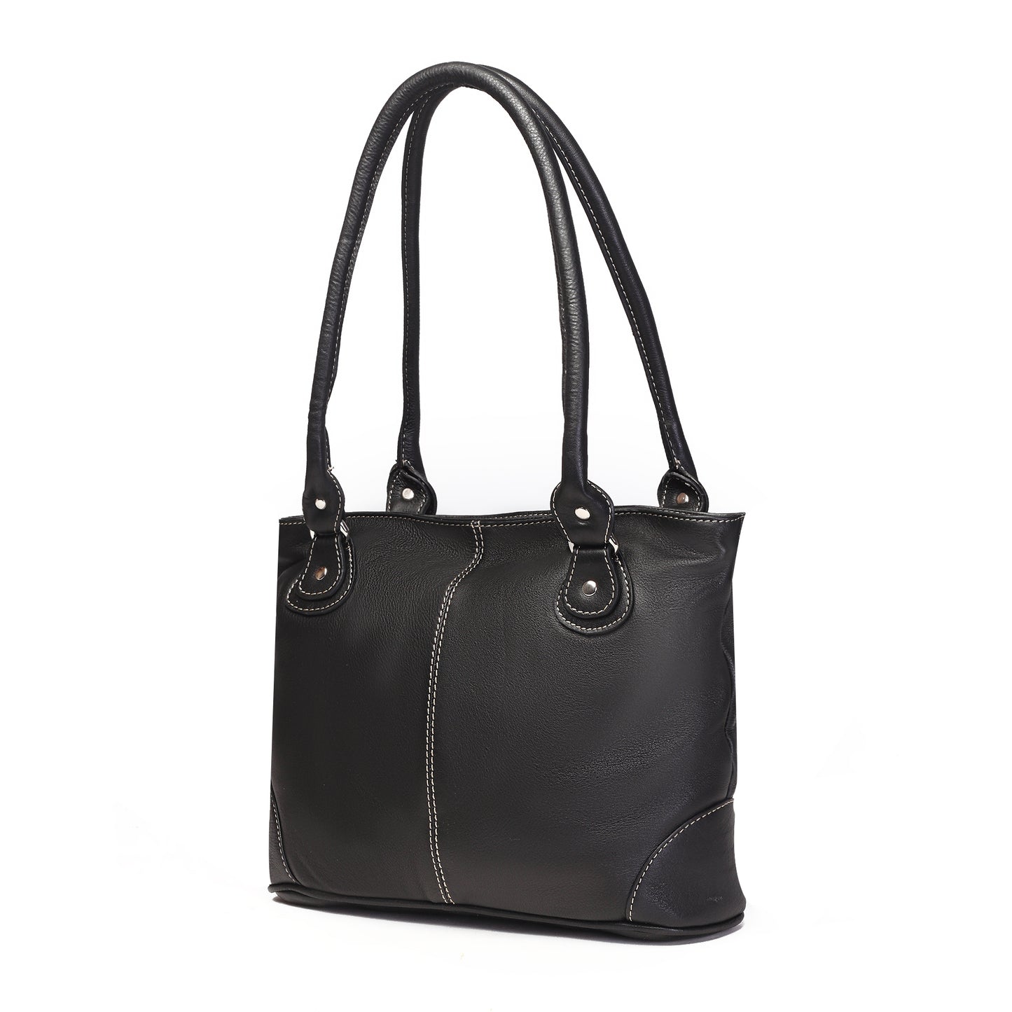 Syraah Black Full-Grain Leather Shoulder Tote Bag