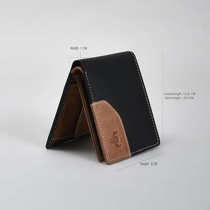 Premium Black & Tan Dual-Tone Genuine Leather Wallet for Men – Slim Bifold with Card Slots, ID Window, Coin Pocket & Secret Compartments