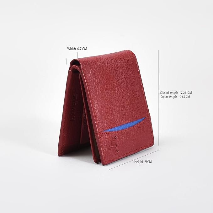 Premium Red Genuine Leather Wallet for Men – Slim Bifold with Card Slots, ID Window, Coin Pocket & Zipper Compartment