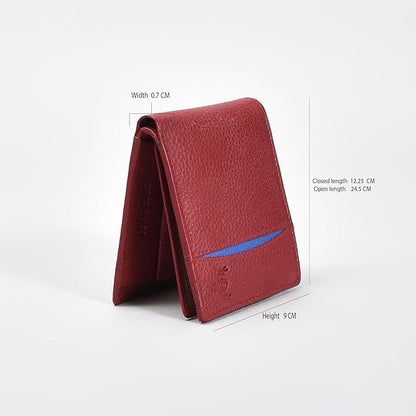 Premium Red Genuine Leather Wallet for Men – Slim Bifold with Card Slots, ID Window, Coin Pocket & Zipper Compartment
