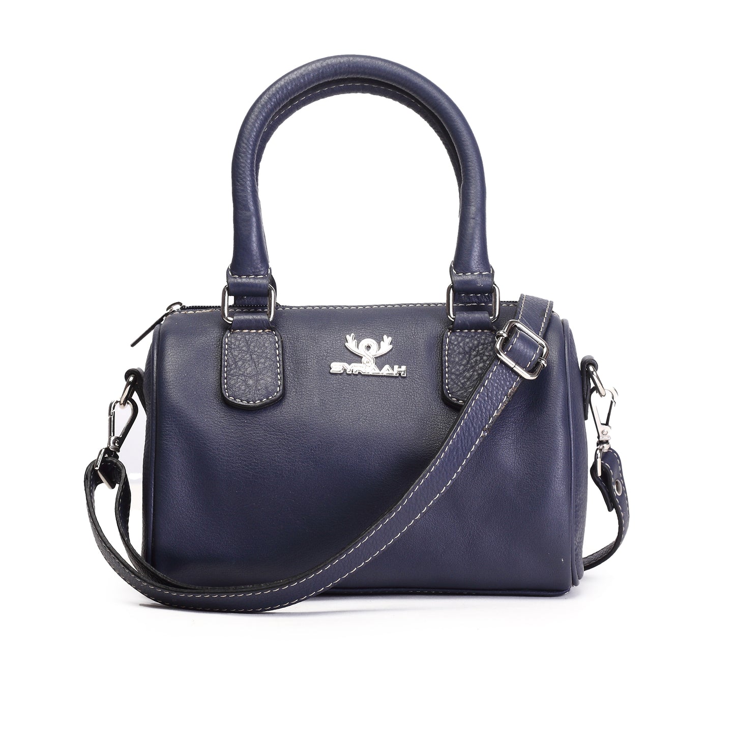 Syraah Luxe Barrel Bag - Navy Blue Premium Leather Handbag