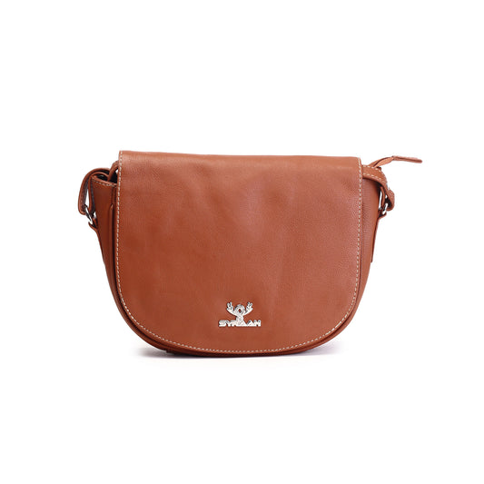 Syraah Tan Full-Grain Leather Saddle Crossbody Bag