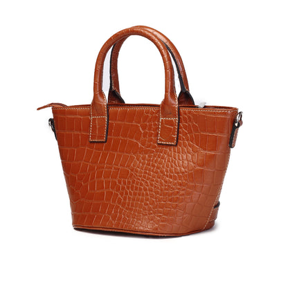 Syraah Tan Croco-Print Premium Full-Grain Leather Tote Bag