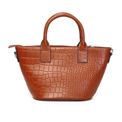 Syraah Tan Croco-Print Premium Full-Grain Leather Tote Bag