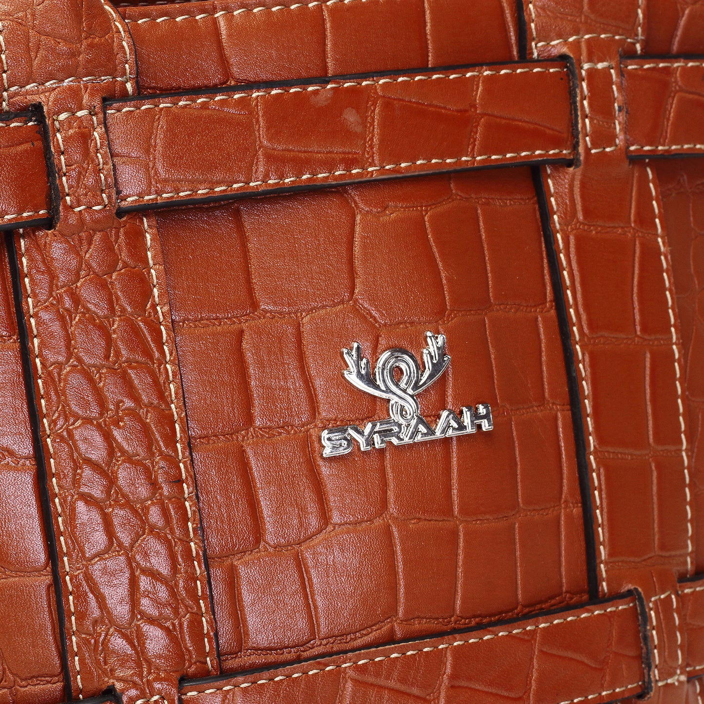 Syraah Tan Croco-Print Premium Full-Grain Leather Tote Bag