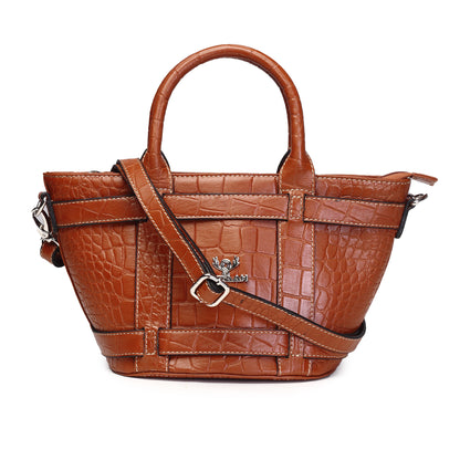 Syraah Tan Croco-Print Premium Full-Grain Leather Tote Bag