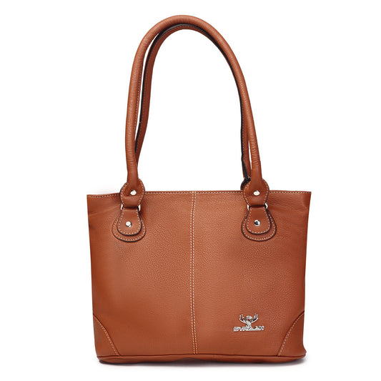 Syraah Tan Full-Grain Leather Shoulder Tote Bag