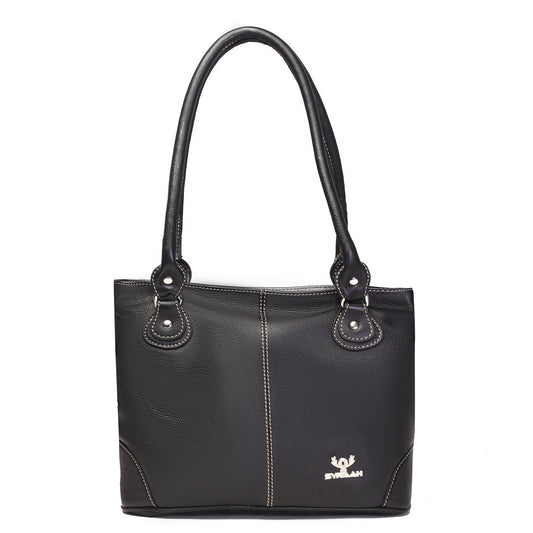 Syraah Black Full-Grain Leather Shoulder Tote Bag