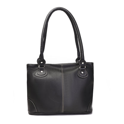 Syraah Black Full-Grain Leather Shoulder Tote Bag