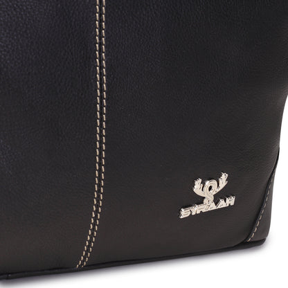 Syraah Black Full-Grain Leather Shoulder Tote Bag
