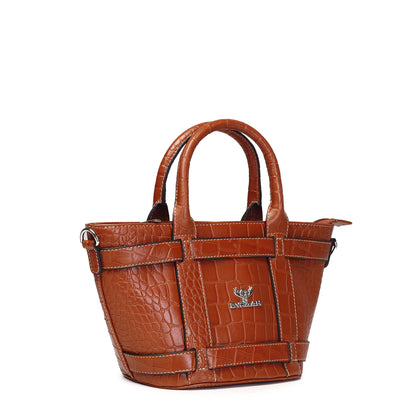 Syraah Tan Croco-Print Premium Full-Grain Leather Tote Bag