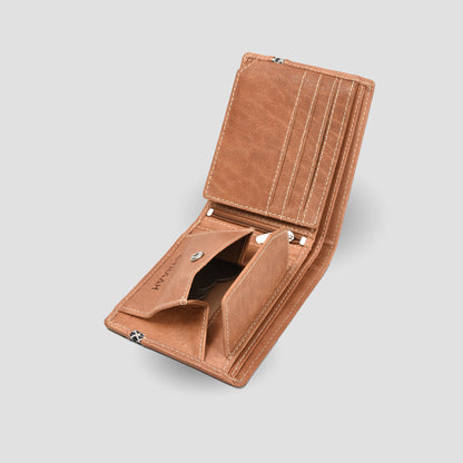 Premium Tan Genuine Leather Wallet for Men – Bifold Design with Coin Pocket, ID Window & Card Slots