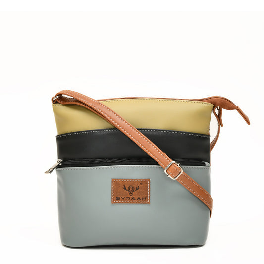 Stylish Women’s Green Multicolor PU Leather Sling Bag – Multi-Pocket Crossbody with Adjustable Strap