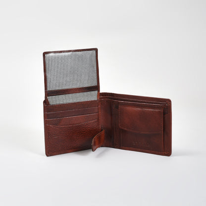 Premium Vintage Burnished Brown Genuine Leather Wallet for Men – Bifold with Flip-Up ID Window, Coin Pocket & Card Strap
