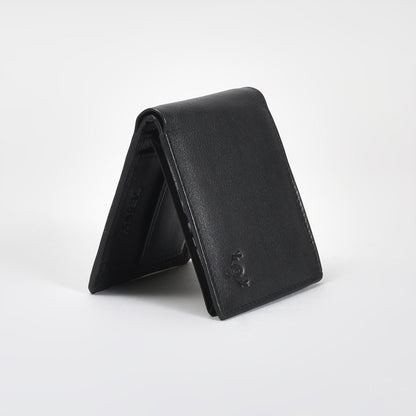 Executive Black Genuine Leather Wallet for Men – Ultra-Slim Bifold with ID Window, Coin Pocket & Zipper Compartment