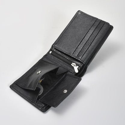 Executive Black Genuine Leather Wallet for Men – Ultra-Slim Bifold with ID Window, Coin Pocket & Zipper Compartment