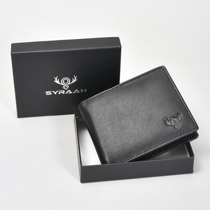 Executive Black Genuine Leather Wallet for Men – Ultra-Slim Bifold with ID Window, Coin Pocket & Zipper Compartment