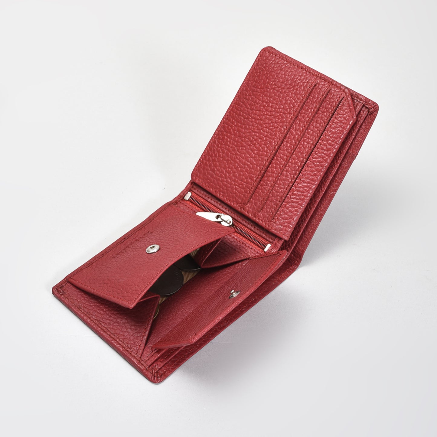 Premium Red Genuine Leather Wallet for Men – Slim Bifold with Card Slots, ID Window, Coin Pocket & Zipper Compartment