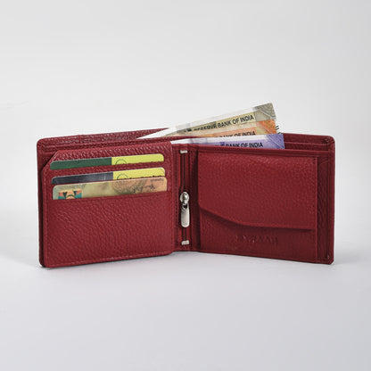 Premium Red Genuine Leather Wallet for Men – Slim Bifold with Card Slots, ID Window, Coin Pocket & Zipper Compartment