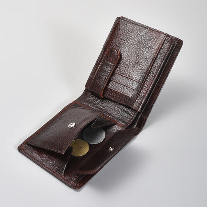 Premium Deep Brown Genuine Leather Wallet for Men – Slim Bifold with Card Slots, ID Window & Coin Pocket