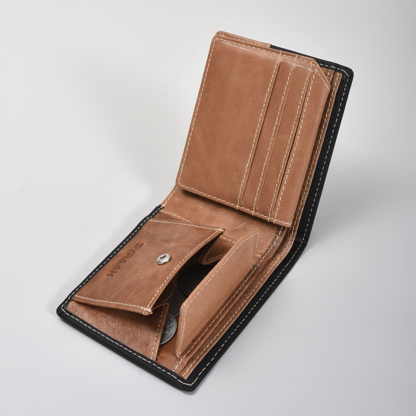Premium Black & Tan Dual-Tone Genuine Leather Wallet for Men – Slim Bifold with Card Slots, ID Window, Coin Pocket & Secret Compartments