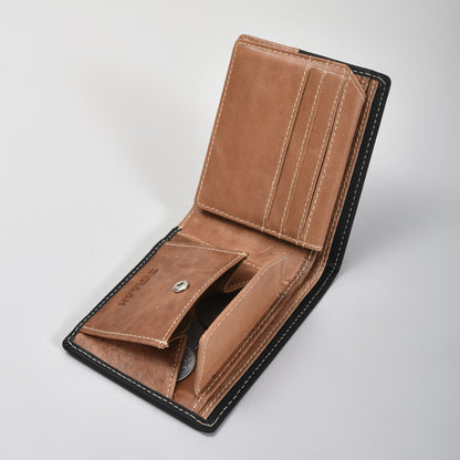 Premium Black & Tan Dual-Tone Genuine Leather Wallet for Men – Slim Bifold with Card Slots, ID Window, Coin Pocket & Secret Compartments
