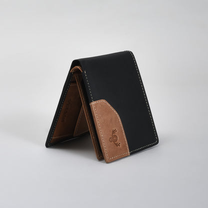 Premium Black & Tan Dual-Tone Genuine Leather Wallet for Men – Slim Bifold with Card Slots, ID Window, Coin Pocket & Secret Compartments