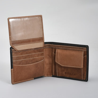 Premium Black & Tan Dual-Tone Genuine Leather Wallet for Men – Slim Bifold with Card Slots, ID Window, Coin Pocket & Secret Compartments
