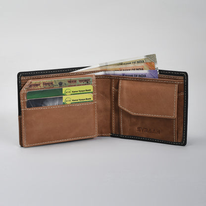 Premium Black & Tan Dual-Tone Genuine Leather Wallet for Men – Slim Bifold with Card Slots, ID Window, Coin Pocket & Secret Compartments