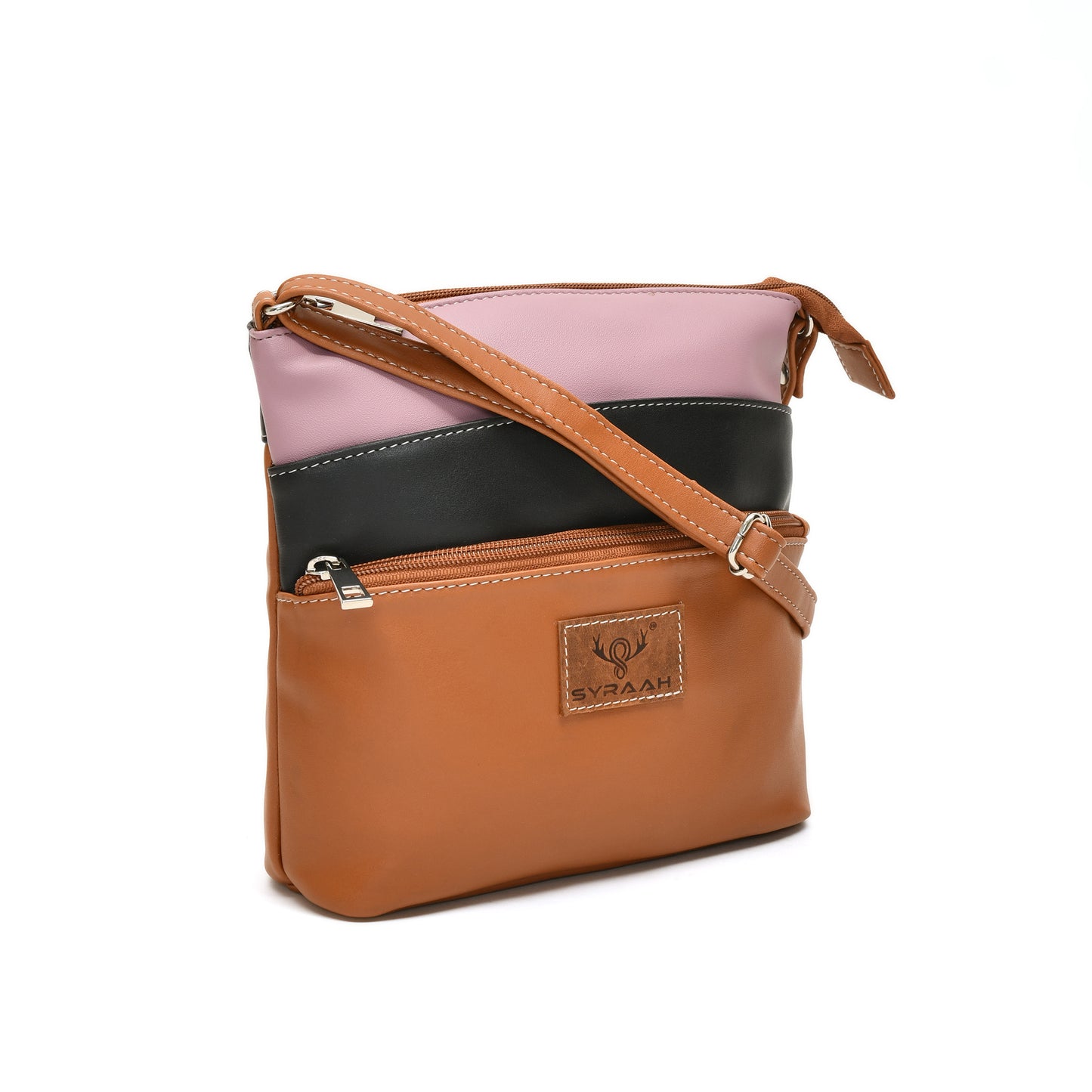 Elegant Women’s Tan Multicolor PU Leather Sling Bag – Multi-Pocket Crossbody with Adjustable Strap