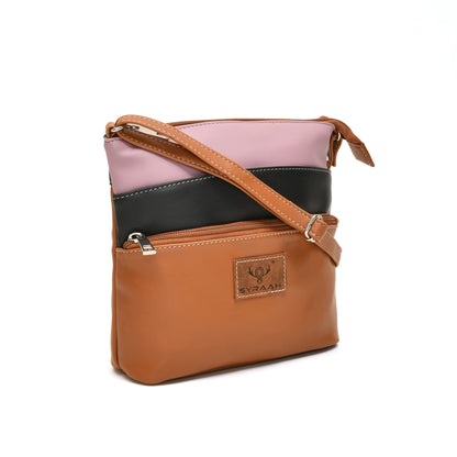 Elegant Women’s Tan Multicolor PU Leather Sling Bag – Multi-Pocket Crossbody with Adjustable Strap