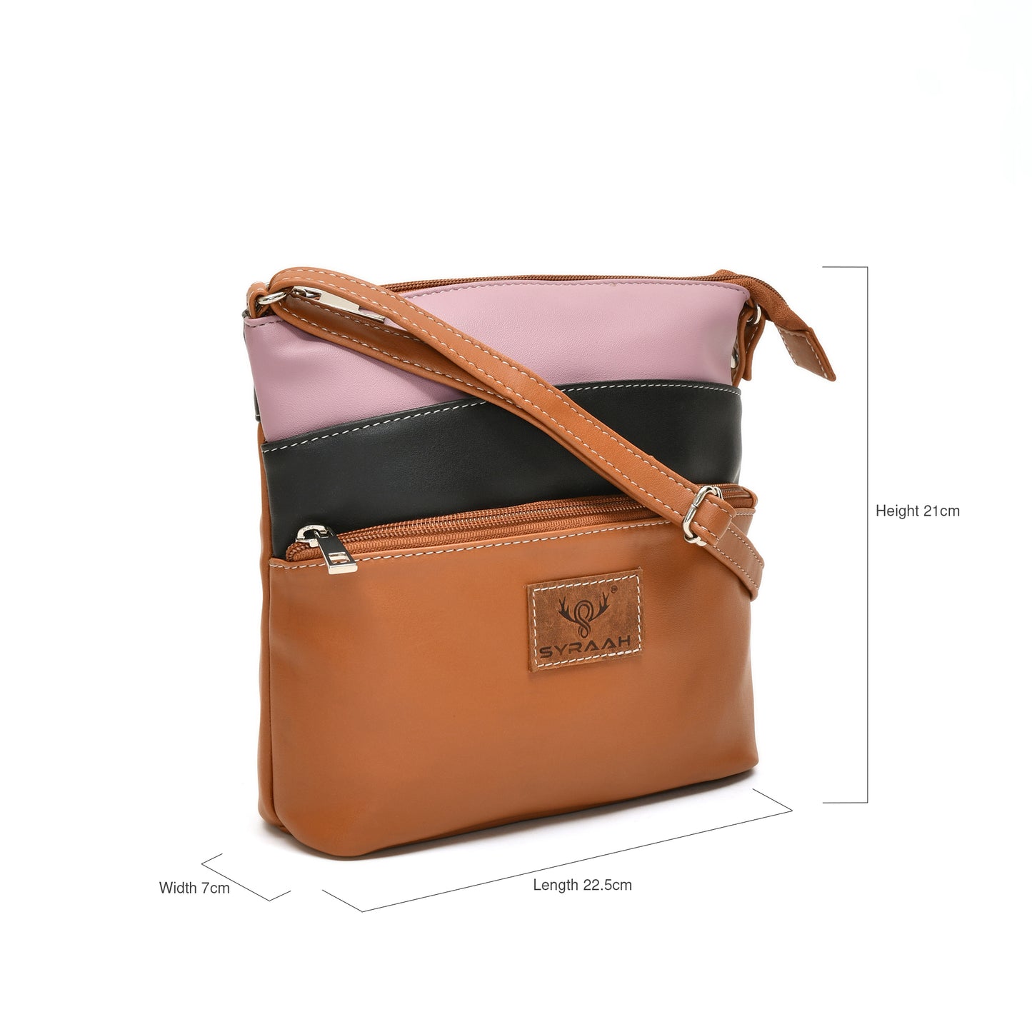 Elegant Women’s Tan Multicolor PU Leather Sling Bag – Multi-Pocket Crossbody with Adjustable Strap