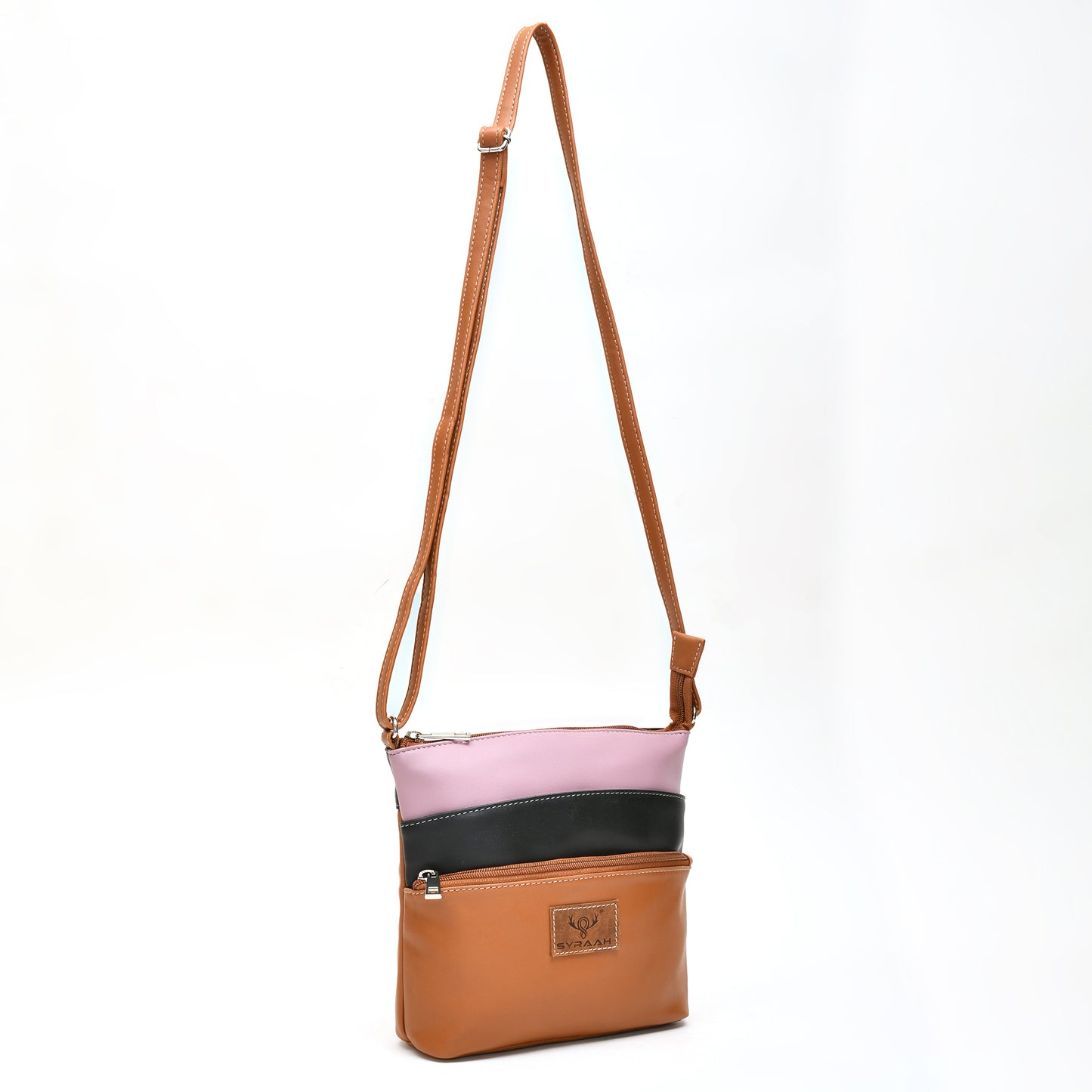 Elegant Women’s Tan Multicolor PU Leather Sling Bag – Multi-Pocket Crossbody with Adjustable Strap