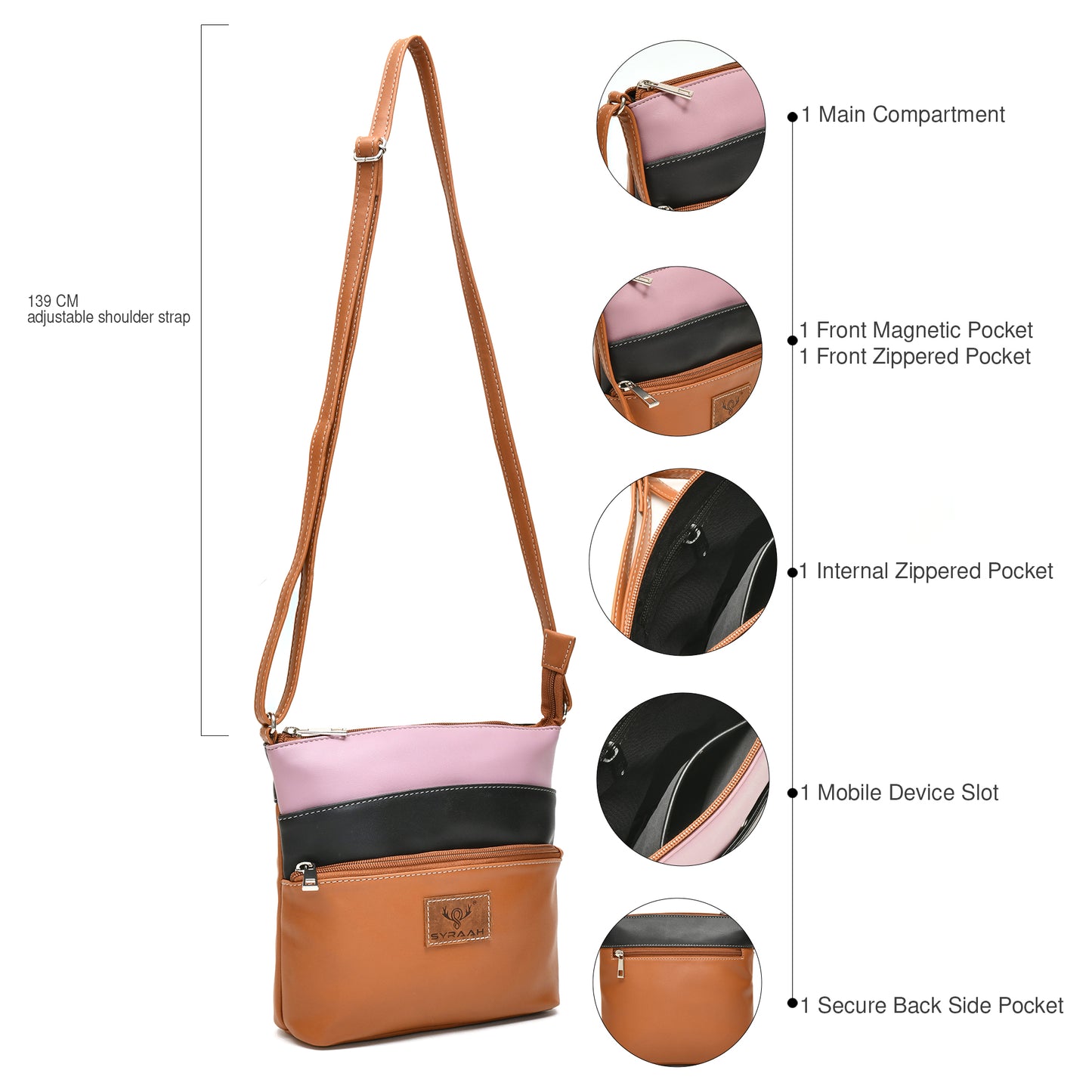 Elegant Women’s Tan Multicolor PU Leather Sling Bag – Multi-Pocket Crossbody with Adjustable Strap
