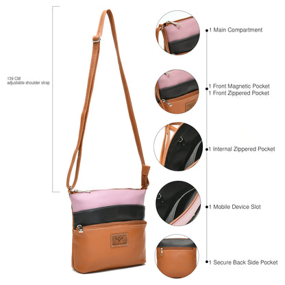 Elegant Women’s Tan Multicolor PU Leather Sling Bag – Multi-Pocket Crossbody with Adjustable Strap