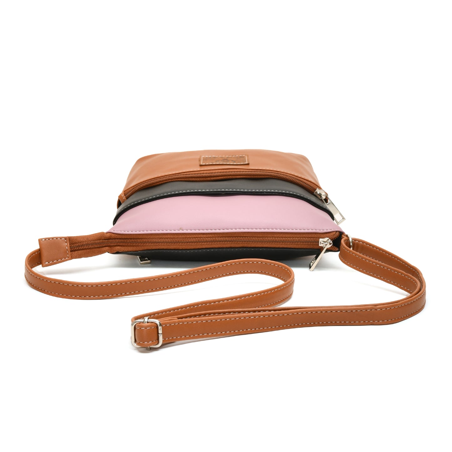 Elegant Women’s Tan Multicolor PU Leather Sling Bag – Multi-Pocket Crossbody with Adjustable Strap